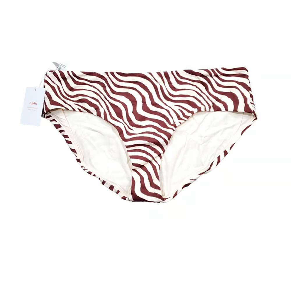 Andie Swim Hipster Bikini Bottom in Bias Stripe Truffle Brown Cream Size Large